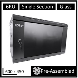 LDR Assembled 6U Wall Mount Cabinet (600mm x 450mm) Glass Door - Black Metal Construction - Top Fan Vents - Side Access Panels