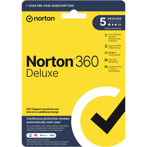 Norton 360 Deluxe 50GB AU 1 User, 5 Devices, 12 Months, Digital Key