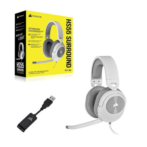 Corsair HS55 White 7.1 SURROUND Gaming Headset, PS5, Switch. ICUE, Discord Certified, Ultra Comfort Foam, USB (LS)