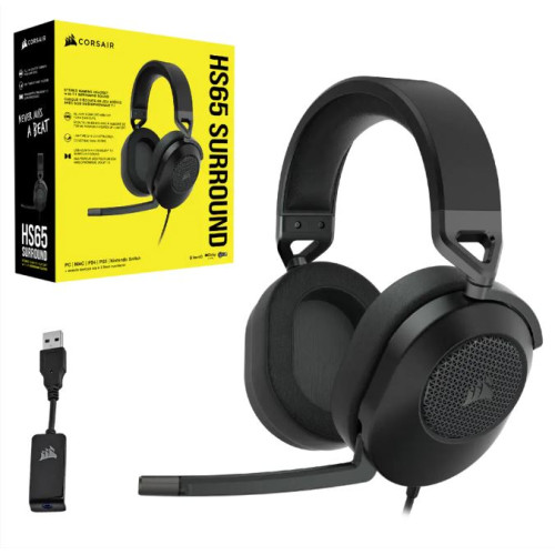 Corsair HS65 Carbon 7.1 Dolby Atoms Surround Wired Headset. All Day Comfort, Lightweight, Sonarworks SoundID 3.5mm, USB PC, Mac, Headphone (LS)