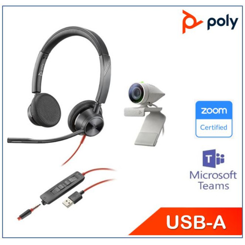 Poly Studio P5 and Blackwire 3325 work from home bundle, Exceptional camera optics, Brilliant colors, auto low-light compensation, high-quality audio