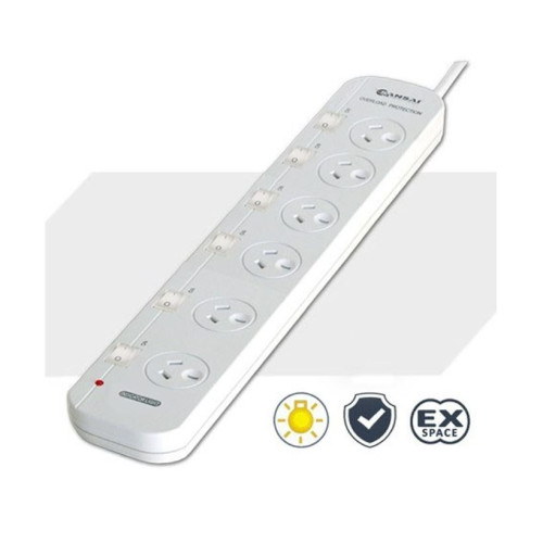 Sansai 6 Way Powerboard 6 Outlet 10A 240V Individually Switched 3 extra spaced sockets 1M Length