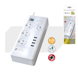 Sansai 4 Outlets  4 USB Outlets Surge Protected Powerboard Master On/Off switch 1M lead  Right angle plug 230-240VAC IV Retail box