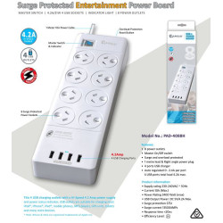 Sansai 8 Outlets  4 USB Outlets Surge Protected Powerboard Master On/Off switch 1M lead  Right angle plug 230-240VAC IV Retail box