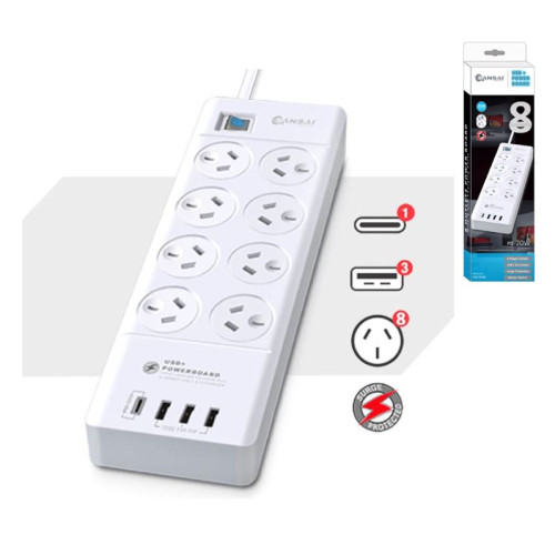 Sansai 8 Outlet 3*USB-A  1*USB-C Powerboard Master On/Off switch Surge and overload protected 1M 20W 220-240V 10A IV Retail box