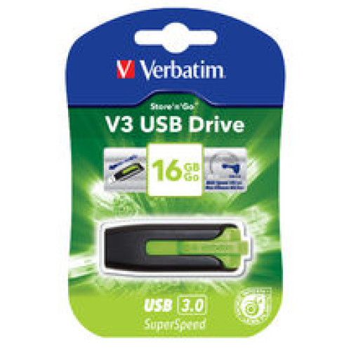 Verbatim 16GB V3 USB3.0 Green Store'n'Go V3; Rectractable USB Storage Drive Memory Stick