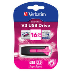 Verbatim 16GB V3 USB3.0 Pink Store'n'Go V3; Rectractable USB Storage Drive Memory Stick