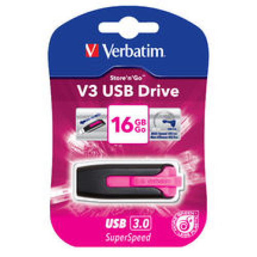 Verbatim 16GB V3 USB3.0 Pink Store'n'Go V3; Rectractable USB Storage Drive Memory Stick