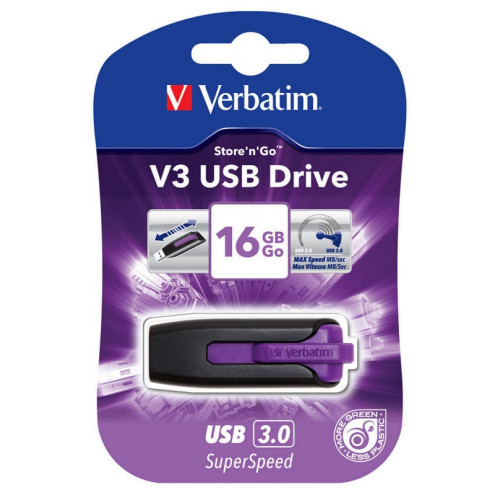 Verbatim 16GB V3 USB3.0 Violet Store'n'Go V3; Rectractable USB Storage Drive Memory Stick