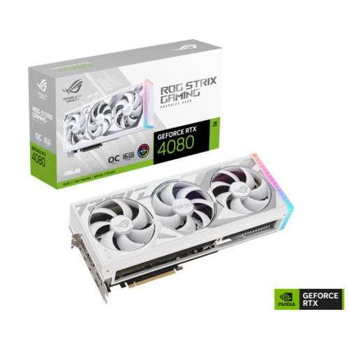 ASUS nVidia GeForce ROG-STRIX-RTX4080-O16G-WHITE RTX4080 16GB GDDR6X White OC Edition, 2625 MHz Boost Clock, RAM 22.4 Gbps, 3xDP, 2xHDMI, 357.6x149.3x